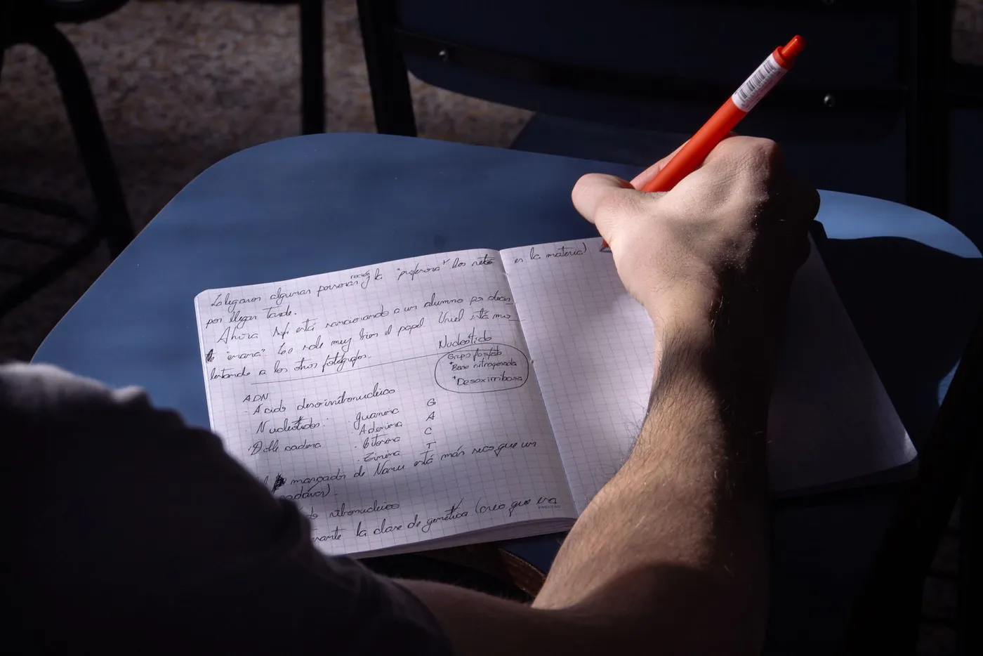 Estudiante tomando apuntes de genética en un cuaderno cuadriculado, en un aula de Buenos Aires